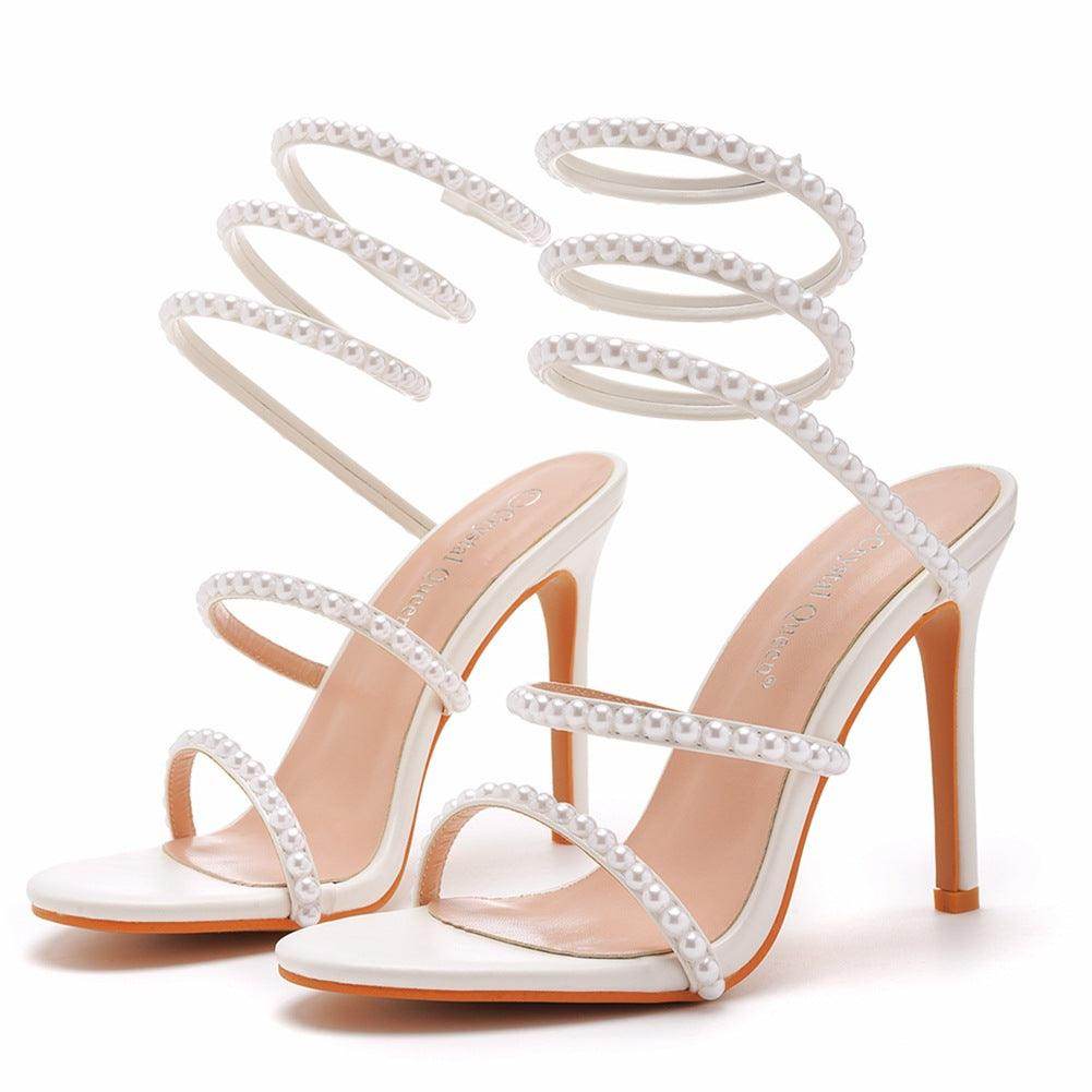 White Pearl Ankle Strap Pointy Stiletto heel Sandals 712542089589 - COCOMELODY